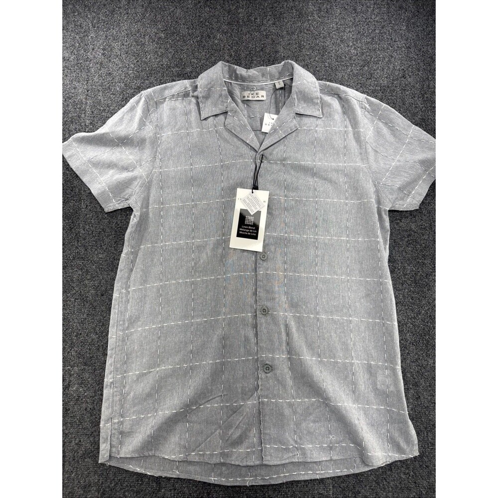 Ike Behar Linen Blend Camp Shirt Mens M Gray White Windowpane NWT